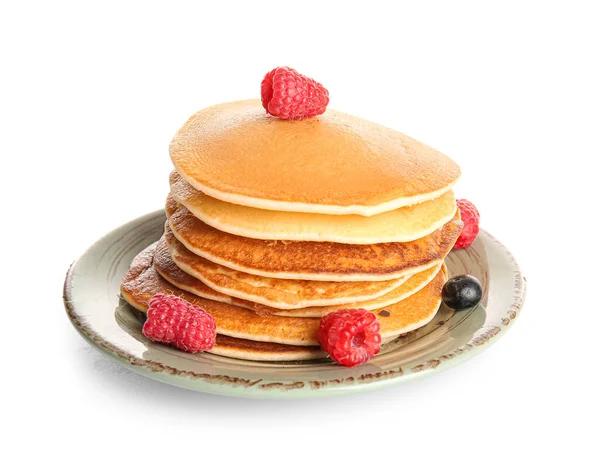 Plate Tasty Pancakes Raspberries Blueberry White Background — Stock Photo, Image