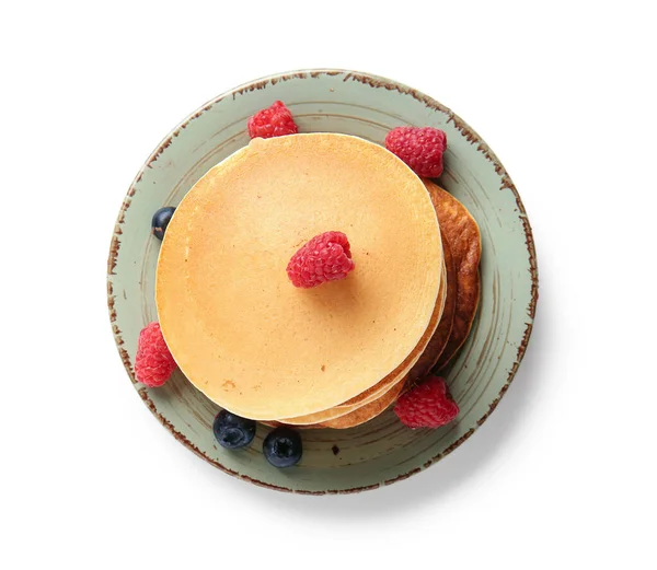 Plate Tasty Pancakes Raspberries Blueberries White Background — Stock Photo, Image