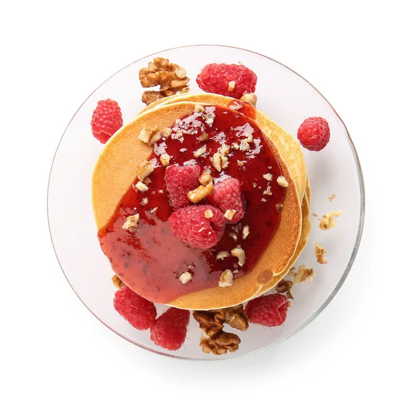 Plate Tasty Pancakes Raspberries Nuts White Background — Stock Photo, Image