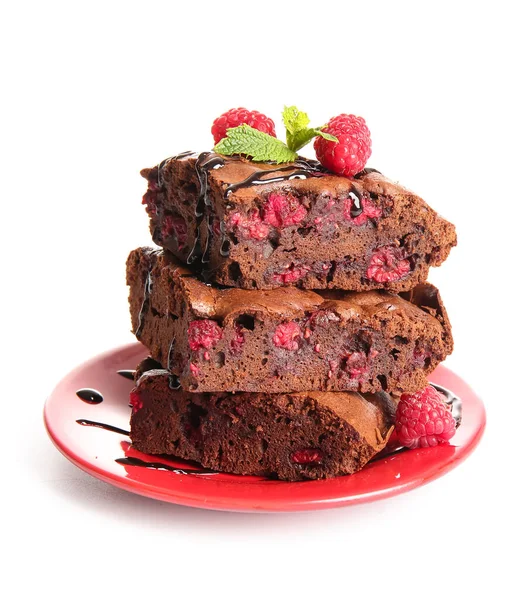 Plate Pieces Raspberry Chocolate Brownie White Background — Stock Photo, Image