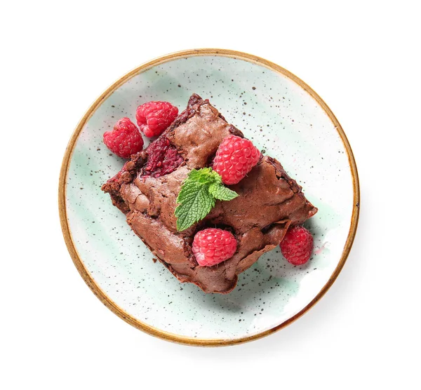 Plate Piece Raspberry Chocolate Brownie White Background — Stock Photo, Image