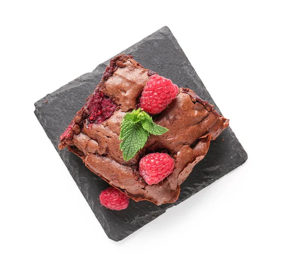 Tablero Con Trozo Brownie Chocolate Frambuesa Sobre Fondo Blanco — Foto de Stock