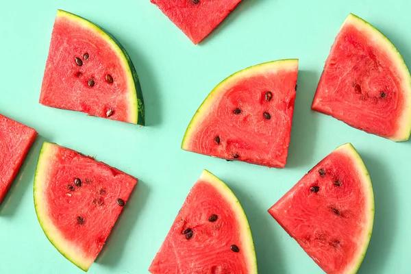 Pieces Fresh Watermelon Turquoise Background — Stock Photo, Image