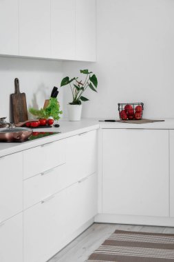 Beyaz tezgahlı, elektrikli ocak ve ev bitkisiyle aydınlık mutfağın içi.