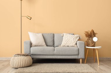 Sıcak gri kanepe ve vazo bej duvarın yanındaki sehpanın üzerinde otlar.