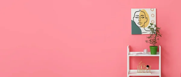 Stylish Shelving Unit Decor Houseplant Pink Wall Banner Design — Stock Photo, Image