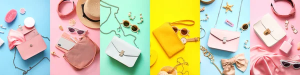 Set Von Stilvollen Weiblichen Handtaschen Und Sommer Accessoires Auf Farbigem — Stockfoto