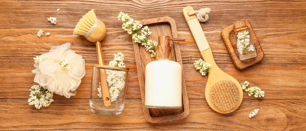 Bottle Liquid Soap Serum Massage Brushes Bast Wisp Wooden Background — Stock Photo, Image
