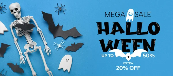 Banner För Halloween Försäljning Med Skelett Fladdermöss Och Spöke Blå — Stockfoto