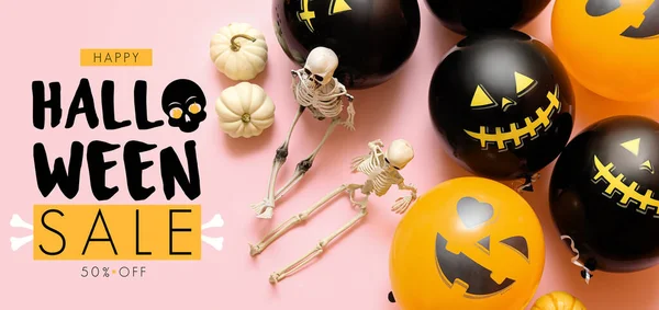Banner För Halloween Försäljning Med Ballonger Skelett Och Pumpor Rosa — Stockfoto