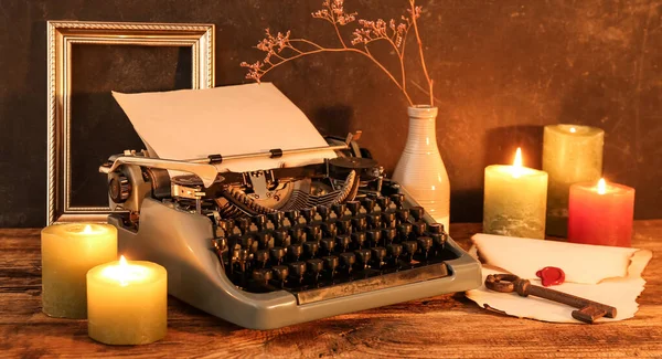 Vintage Typewriter Burning Candles Old Key Envelope Wooden Table — Stock Photo, Image