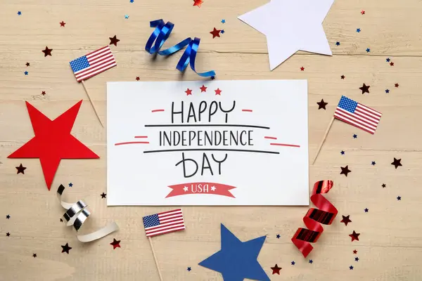 Greeting Card Independence Day Stars Usa Flags Light Wooden Background — Stock Photo, Image