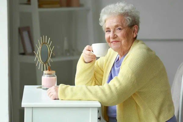 Senior Woman Cup Coffee Sitting Home — Stock Photo, Image