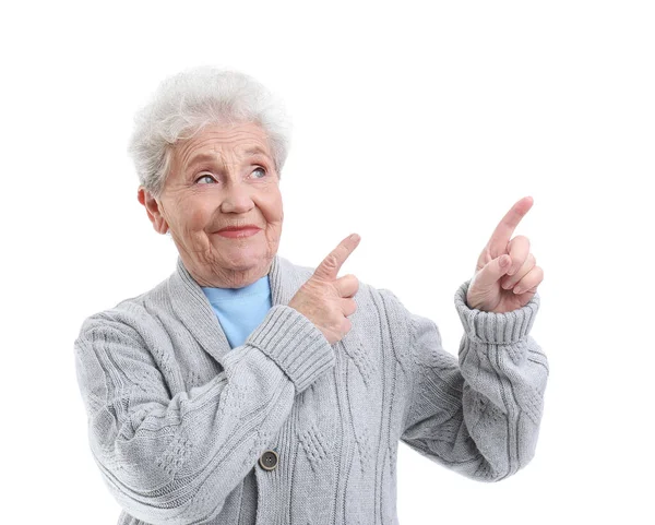 Senior Woman Pointing Something White Background — Stock Photo, Image