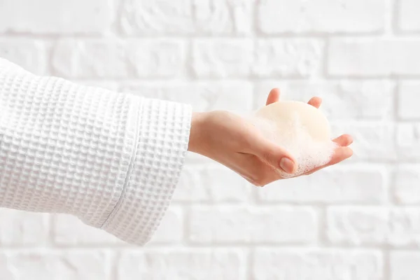 Hand Soap White Brick Background — Stock Photo, Image