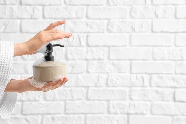 Hands Liquid Soap White Brick Background — Stock Photo, Image