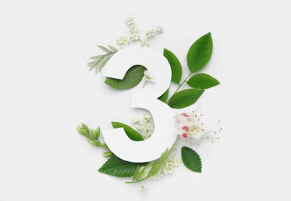 Folhas Flores Verdes Com Papel Número Três Sobre Fundo Branco — Fotografia de Stock