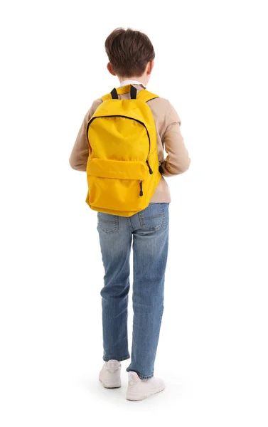 Ragazzino Con Schoolbag Sfondo Bianco Vista Posteriore — Foto Stock