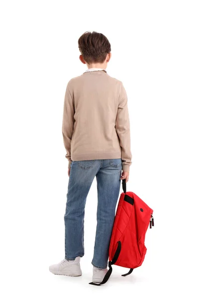 Kleiner Junge Mit Schulranzen Auf Weißem Hintergrund Rückseite — Stockfoto