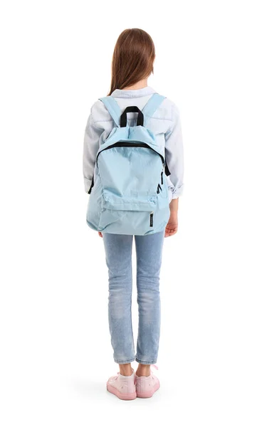 Kleines Mädchen Mit Schulranzen Auf Weißem Hintergrund Rückseite — Stockfoto