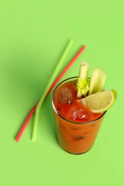 Glass Bloody Mary Celery Lime Green Background — Stock Photo, Image