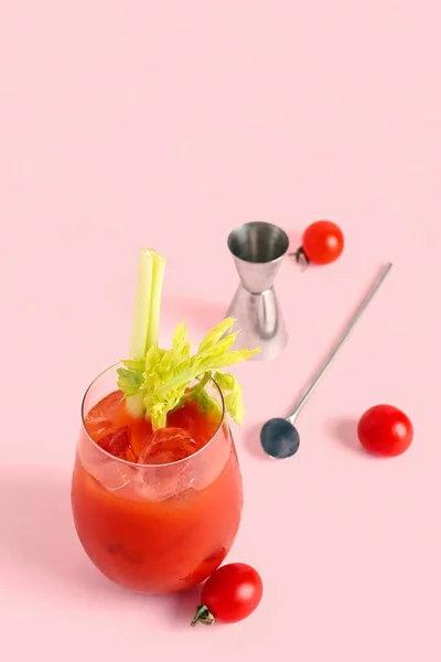 Glass Bloody Mary Celery Tomatoes Pink Background — Stock Photo, Image