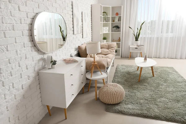 Interior Light Living Room Mirror Chest Drawers Soft Carpet — Stock Photo, Image