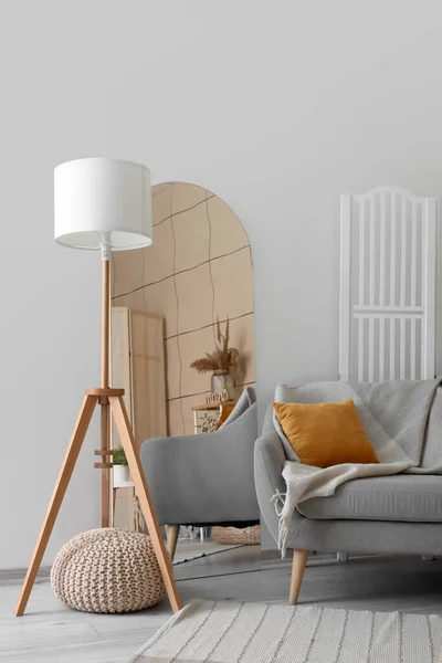 Innvendig Dagligstuen Med Grå Sofa Speil Lampe – stockfoto