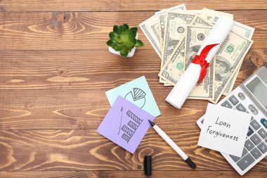Diploma, dolar banknotları, hesap makinesi ve ahşap zemin üzerinde LOAN Af notu ile yapışkan not