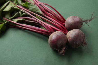 Yeşil arka planda taze pancar kökleri