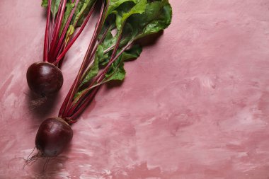 Pembe arka planda yeşil yapraklı taze pancarlar.