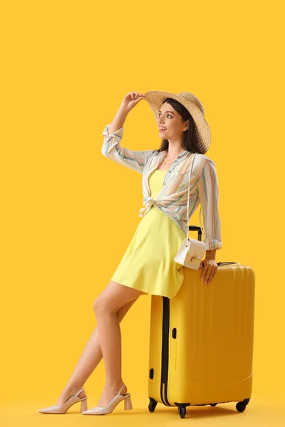 Young Woman Suitcase Yellow Background — Stock Photo, Image