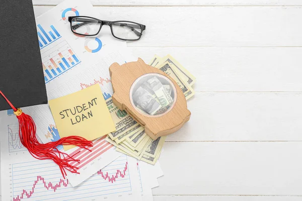 Piggy Bank Dollar Banknotes Eyeglasses Sticky Note Text Student Loan — Stock Photo, Image