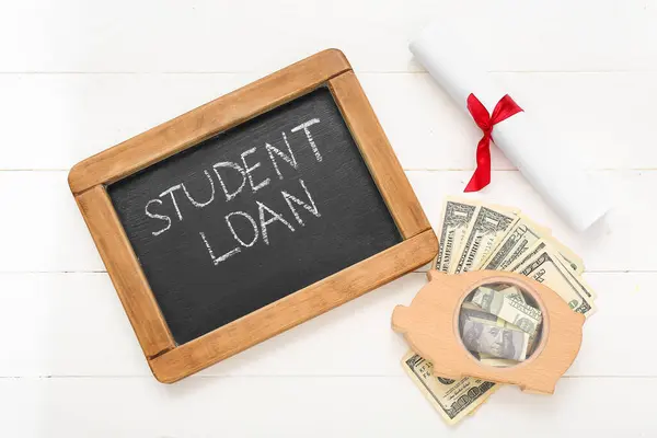 Chalkboard Text Student Loan Diploma Piggy Bank Dollar Banknotes White — Stock Photo, Image