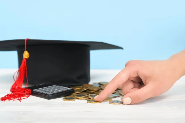 Woman Counting Money Education White Wooden Table Blue Background Student — Stock Photo, Image