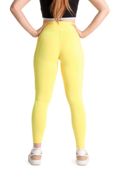 Sporty Young Woman Leggings White Background Back View — Stock Photo, Image