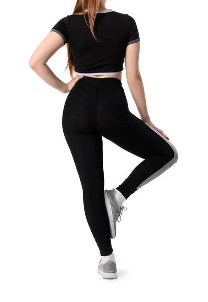 Junge Frau Sportbekleidung Auf Weißem Hintergrund Rückseite — Stockfoto