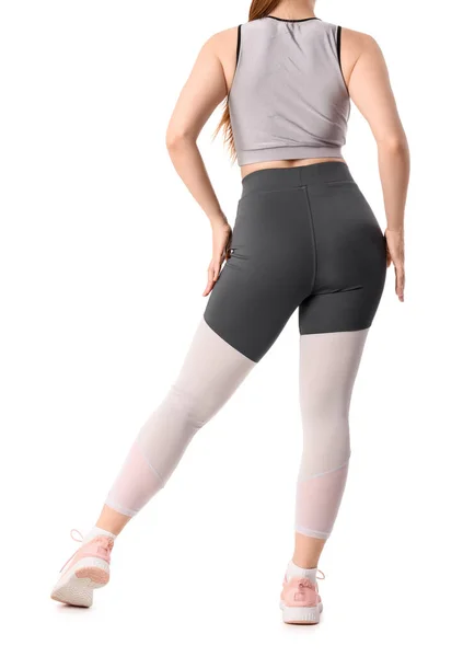Junge Frau Sportbekleidung Auf Weißem Hintergrund Rückseite — Stockfoto