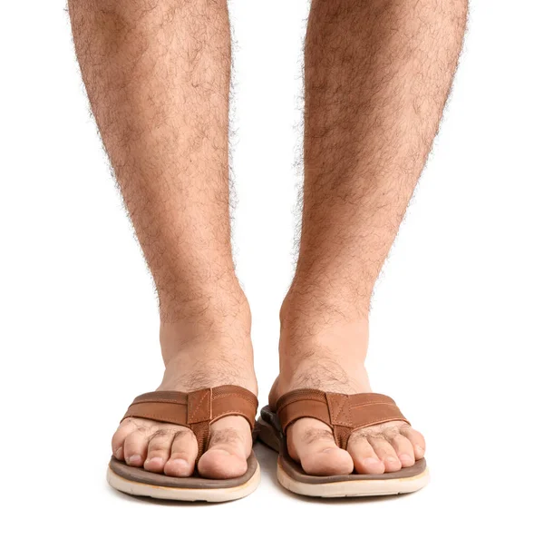 Mužské Nohy Žabkách Bílém Pozadí — Stock fotografie