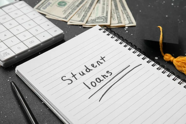 Notepad Text Student Loans Calculator Dollar Banknotes Graduation Cap Black — Stock Photo, Image