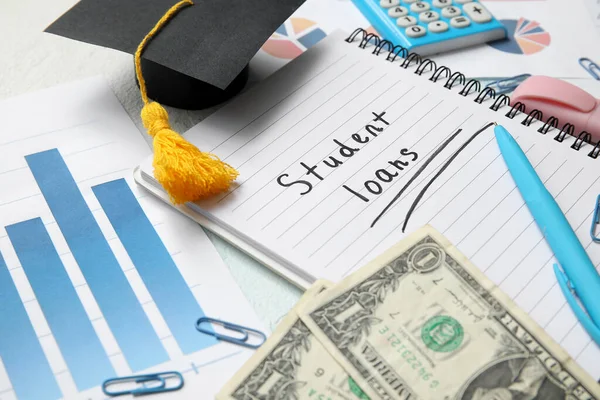 Notebook Text Student Loans Dollar Banknotes Graduation Cap Charts Stationery — Stock Photo, Image
