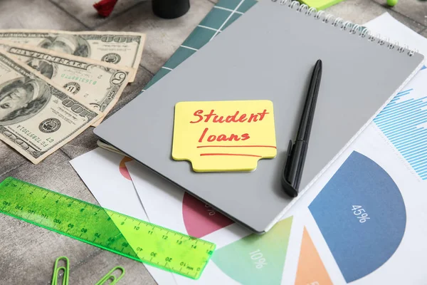 Sticky Note Text Student Loans Notebook Pen Dollar Banknotes Charts — Stock Photo, Image
