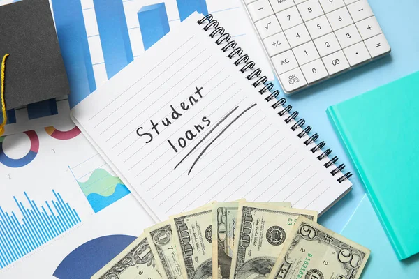 Notebook Text Student Loans Calculator Graduation Cap Charts Dollar Banknotes — Stock Photo, Image