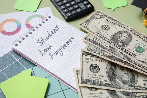 Notepad Text Student Loan Forgiveness Dollar Banknotes Calculator Charts Green — Stock Photo, Image