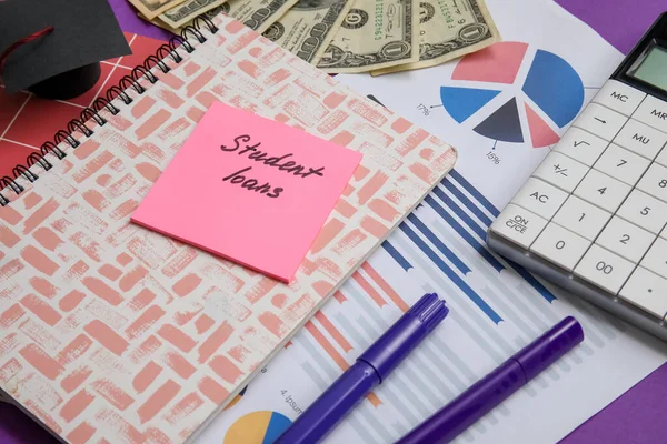 Sticky Note Text Student Loans Notebook Calculator Dollar Banknotes Purple — Stock Photo, Image