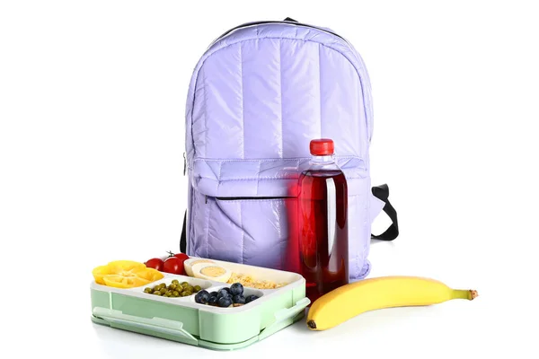 Backpack Drink Lunchbox Tasty Food Isolated White Background — Stock Photo, Image