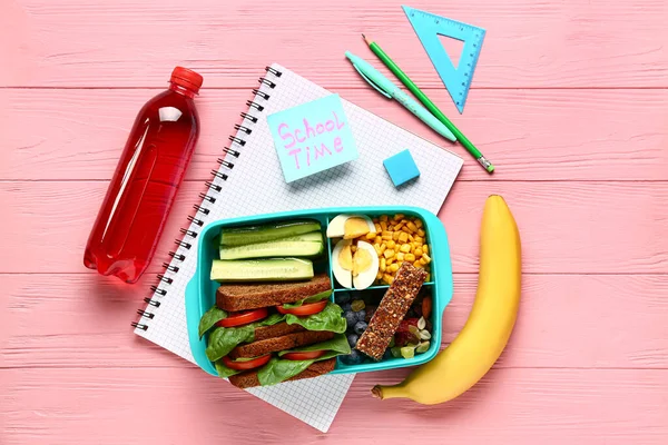 Sticky Note Text School Time Stationery Tasty Food Lunchbox Pink — Stock Photo, Image