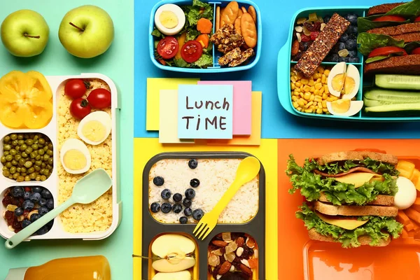 Different Tasty Food Lunchboxes Sticky Notes Text Lunch Time Color — Stock Photo, Image
