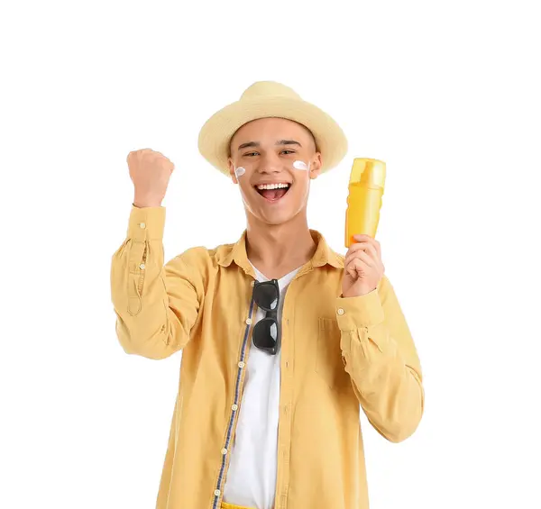 Happy Young Man Sunscreen Cream His Face White Background — Stock Photo, Image