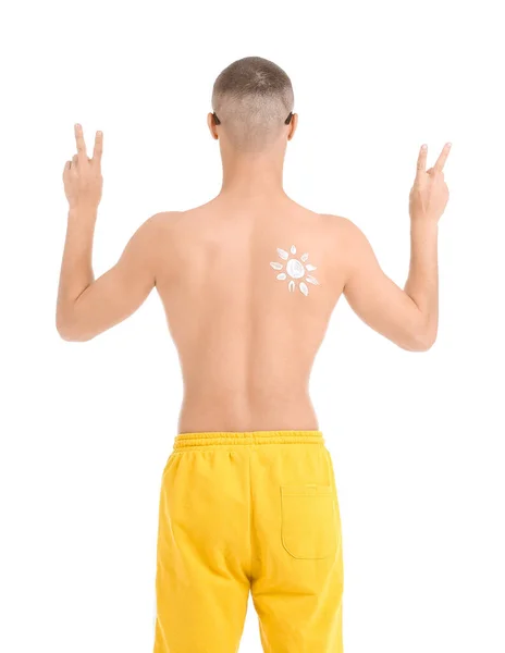 Vücudunda Güneş Kreminden Yapılmış Beyaz Arka Plan Arka Plan Karşısında — Stok fotoğraf